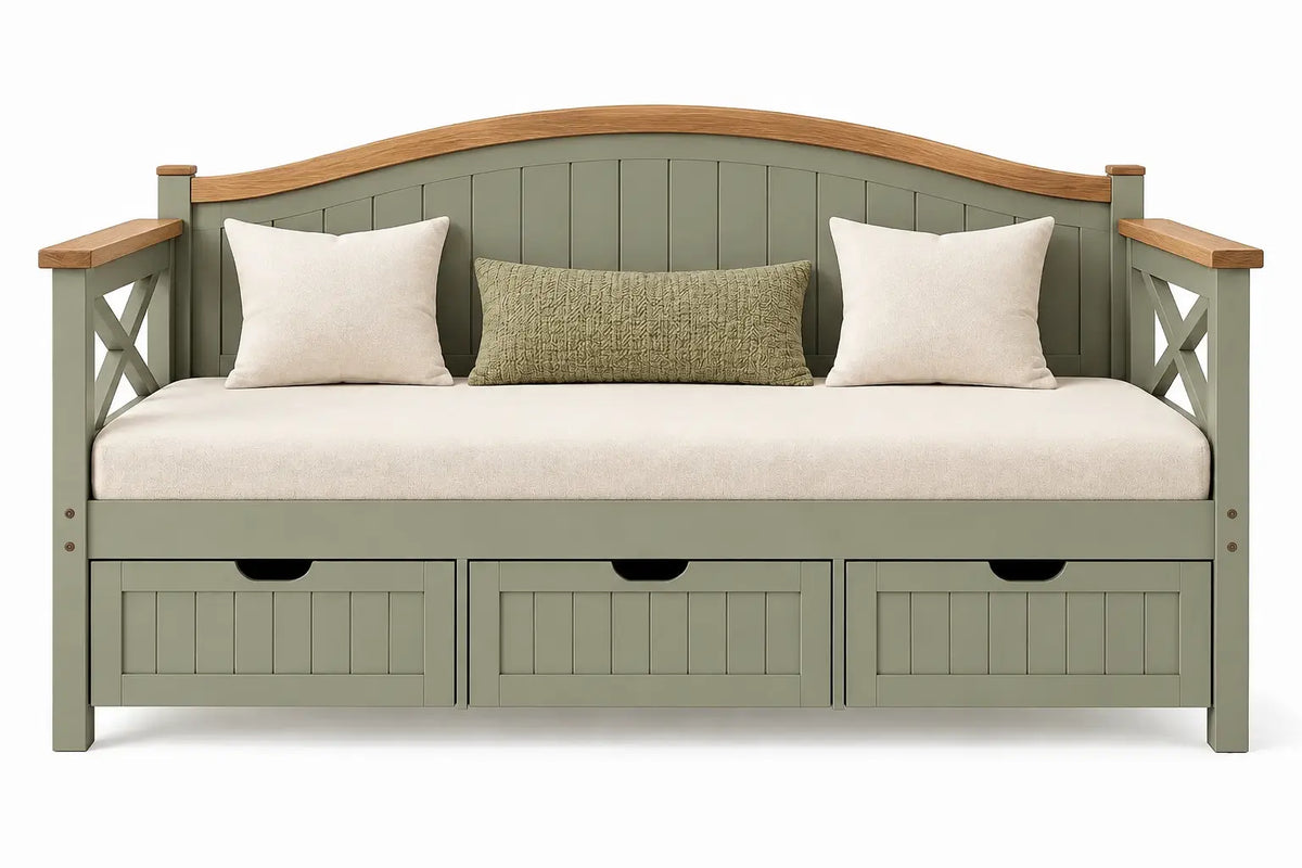 Panca, schienale sagomato e tre cassetti inferiori, verde/marrone/beige
