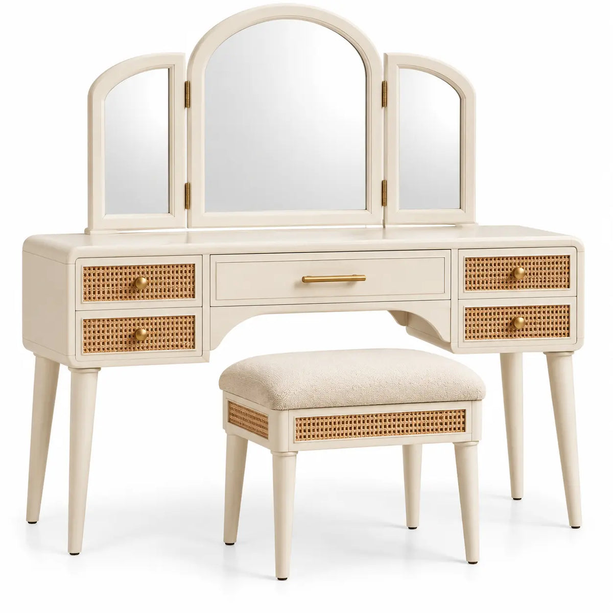 Mobile da toeletta con specchio, specchio a tre sezioni e sgabello coordinato, beige/marrone