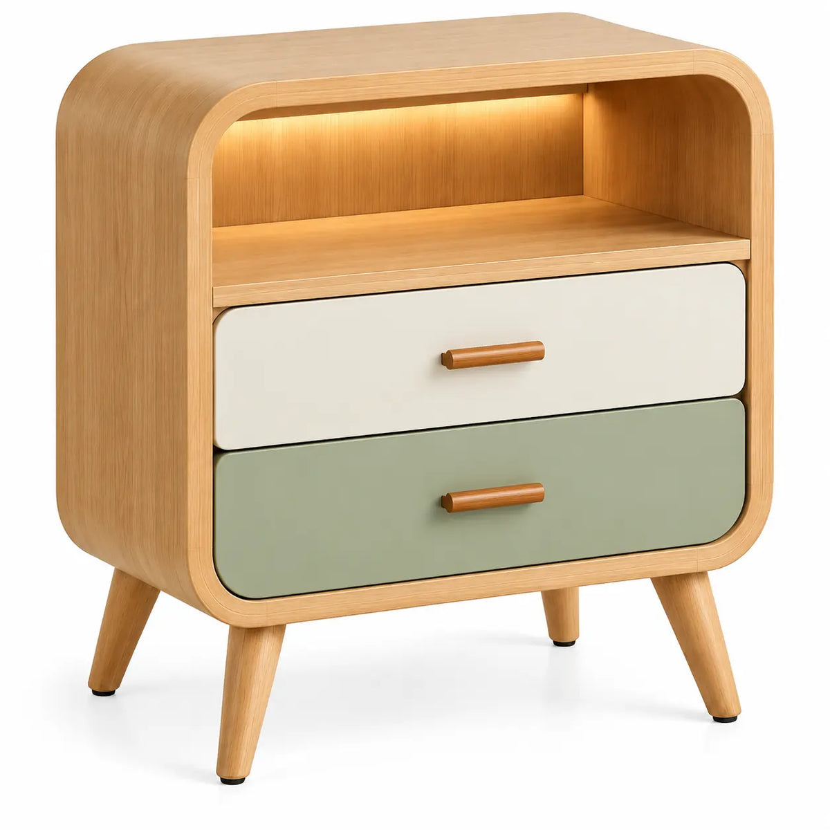 Comodino, vano superiore e due cassetti, marrone/beige/verde