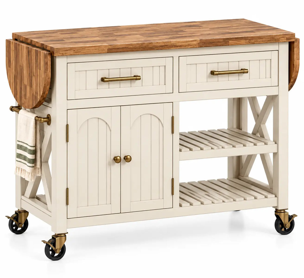 Carrello da cucina, piano con ribalta laterale e ruote, beige/marrone
