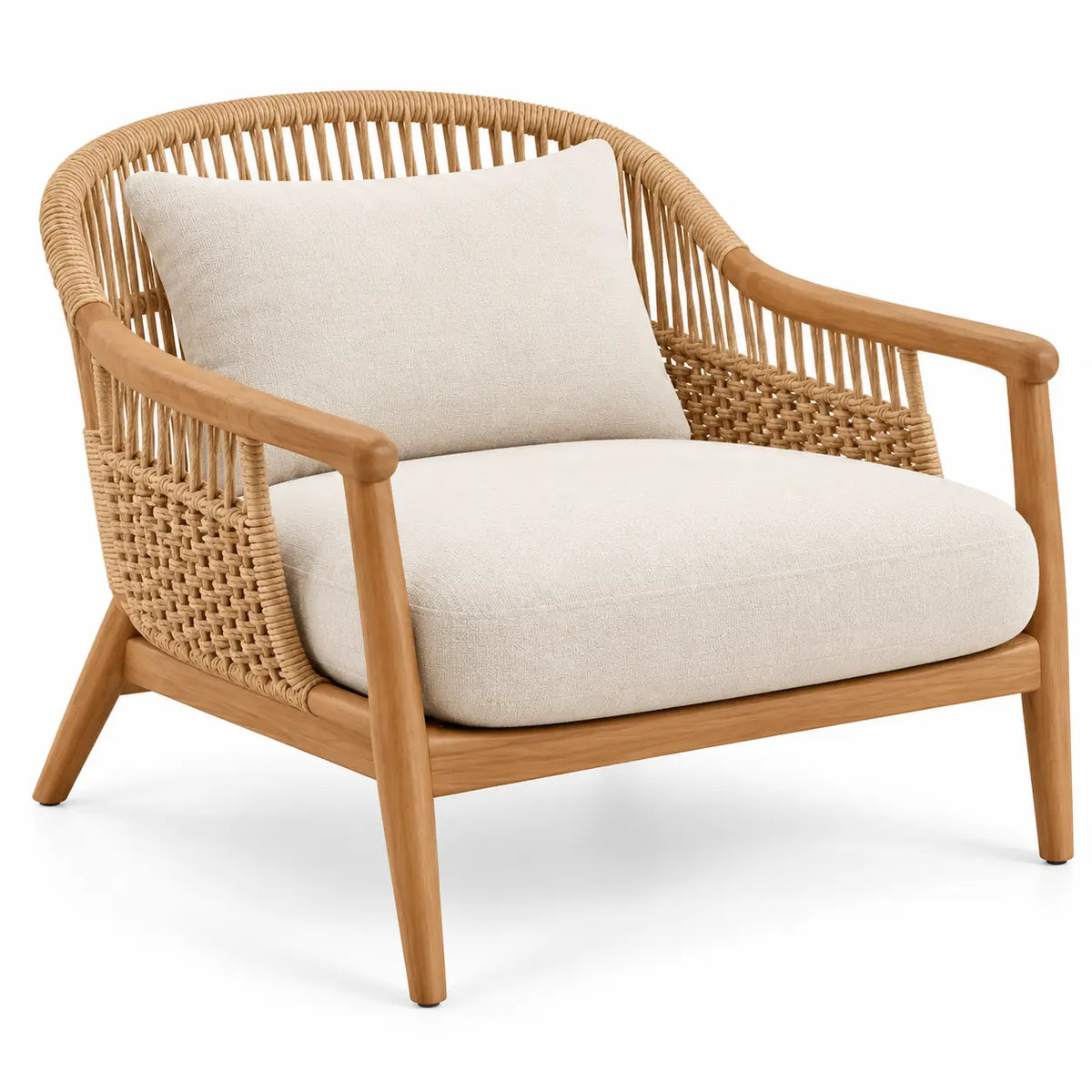 Poltrona, braccioli intrecciati e struttura aperta, marrone/beige