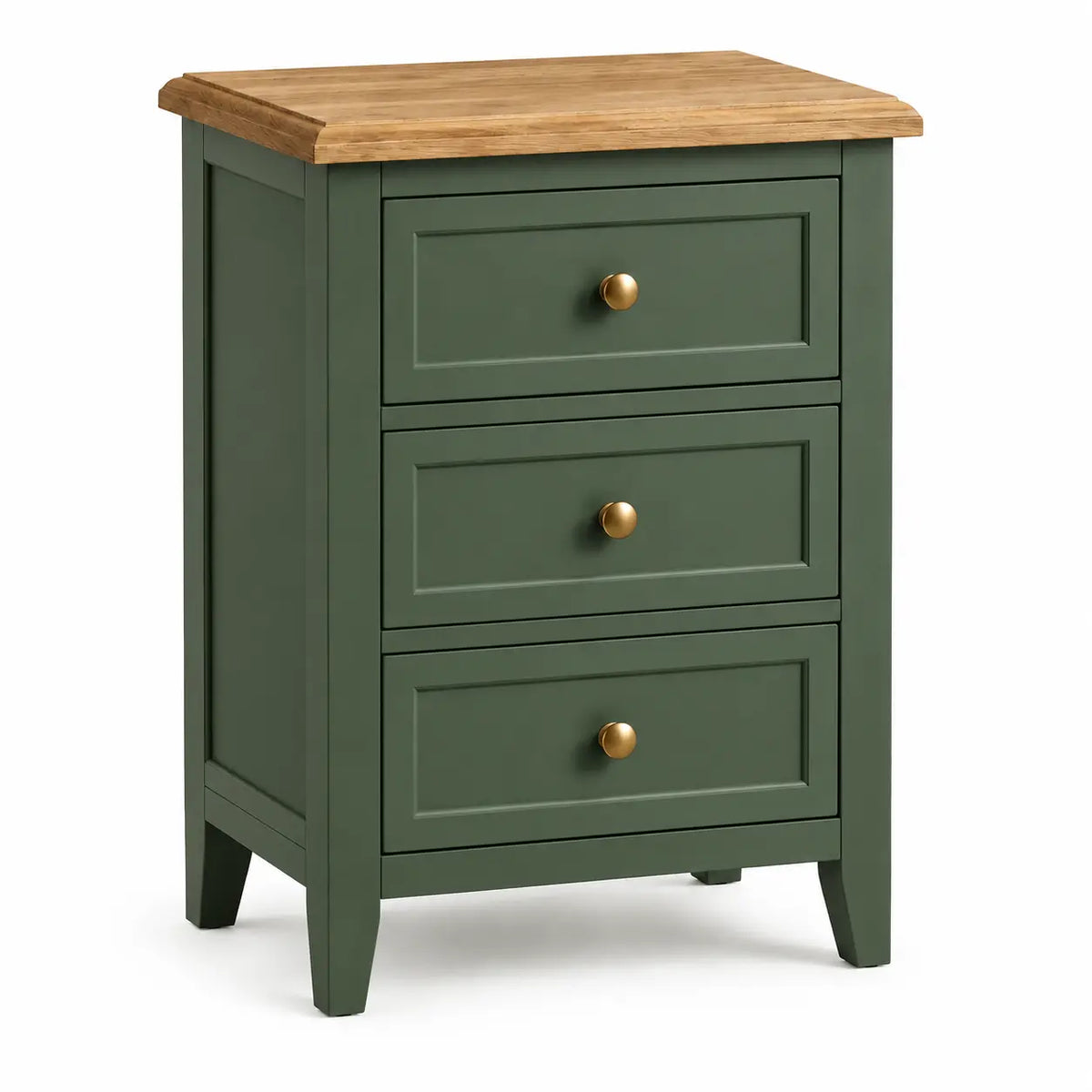 Comodino, tre cassetti con pomelli rotondi, verde/marrone