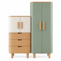 Armadio, composizione a due altezze con ante e cassetti, verde/marrone/beige