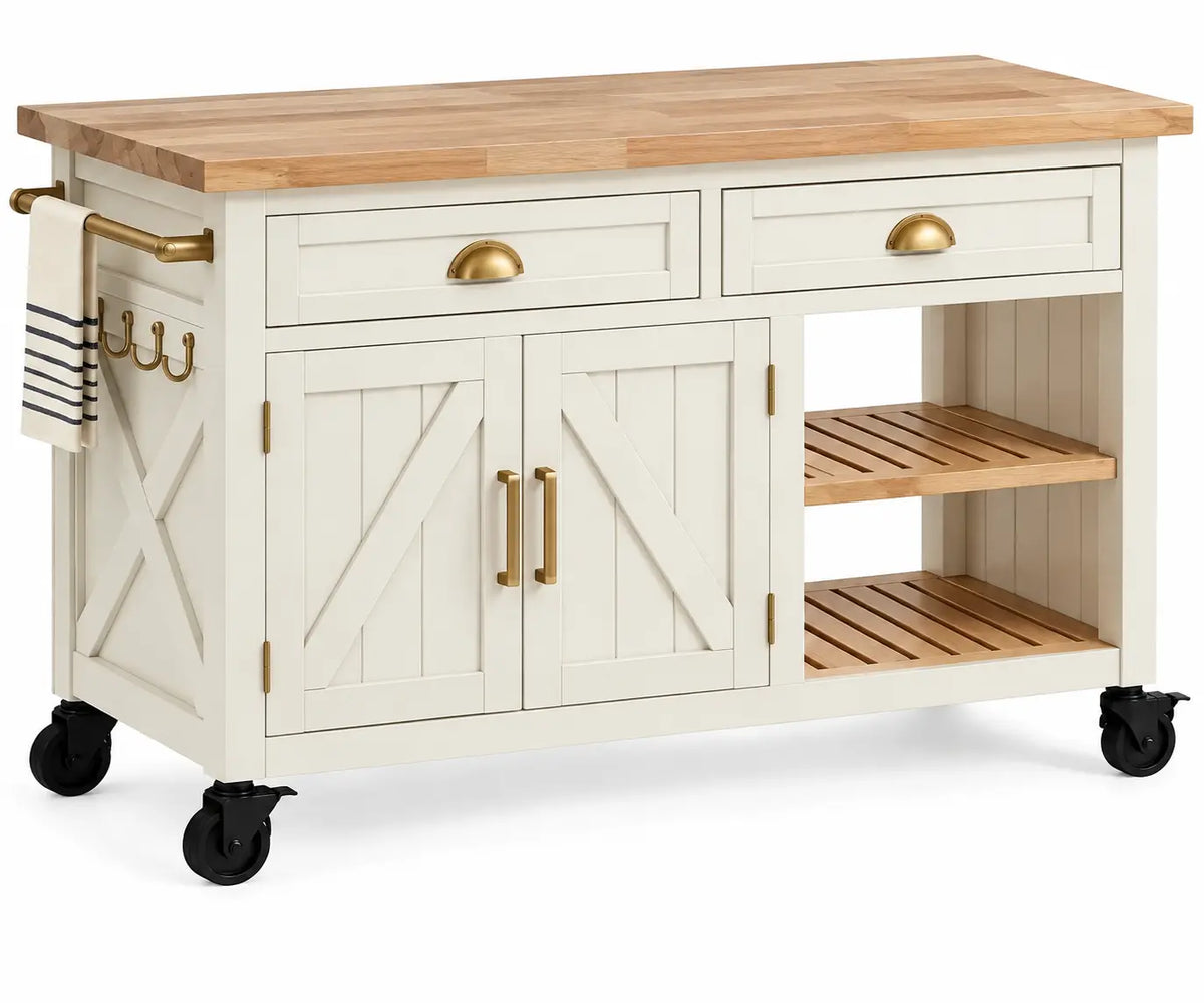 Carrello da cucina, cassetti, ante incrociate e ripiani laterali, beige/marrone
