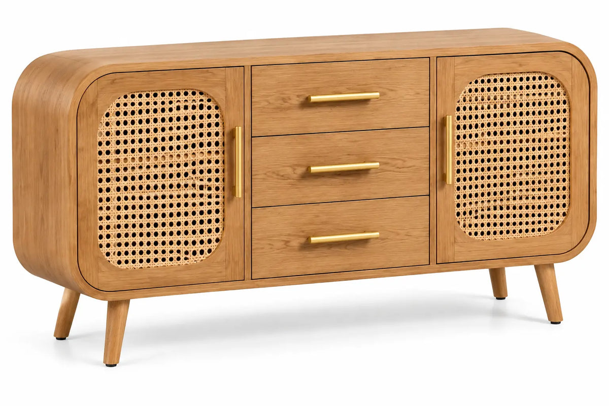 Credenza, due ante intrecciate e tre cassetti centrali, marrone
